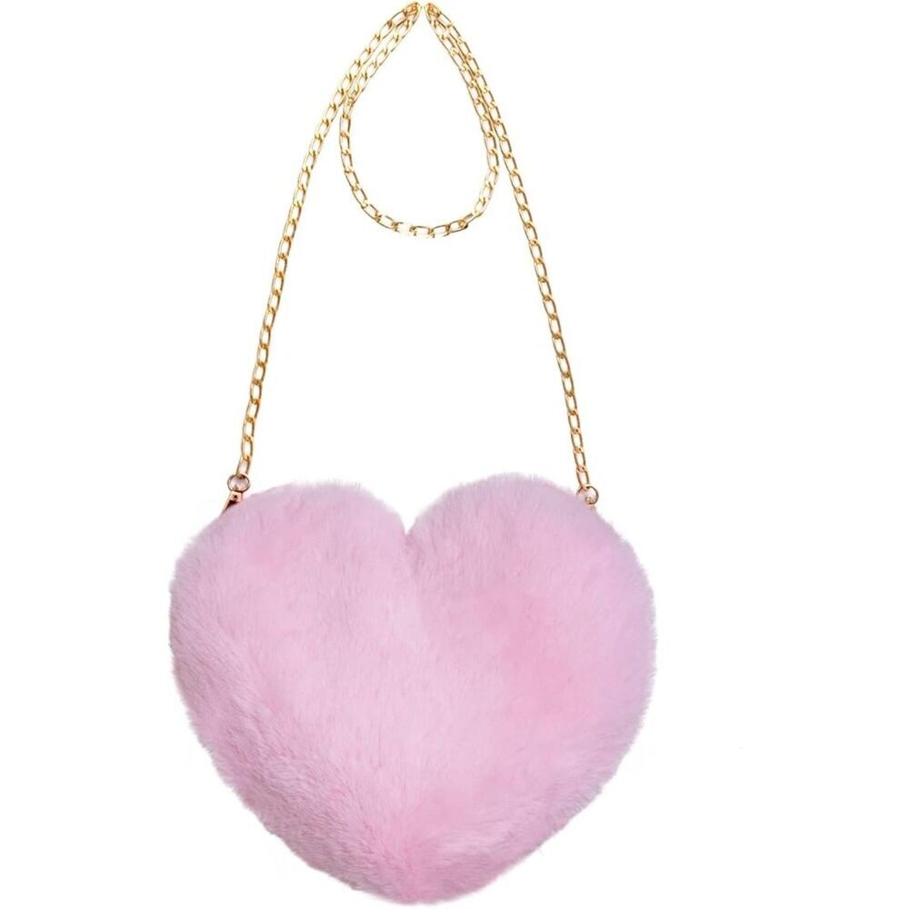 Women Pink Imported Faux Fur Heart Shaped Cute Valentine Clutch Shoulder Bag